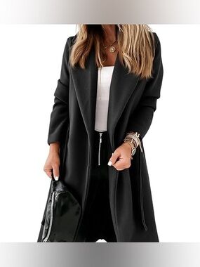 Ladiyo Classic Coat Lapel Collar Open Front Belted Long Jacket - Small (Black)
